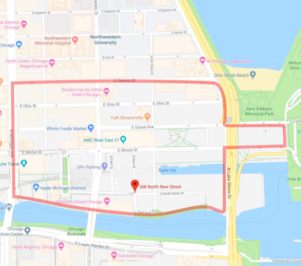 Dog walking and daycare pickup/dropoff zone in Chicago's Streeterville neighborhood