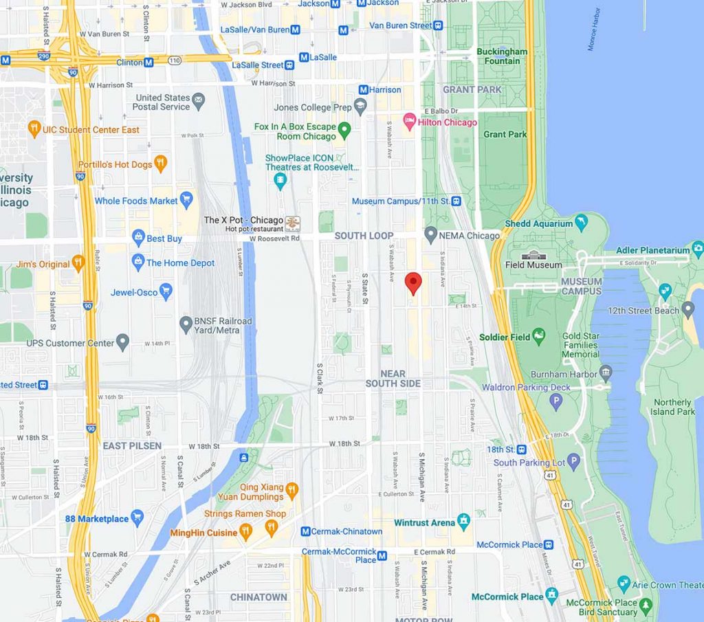 PUPS Pet Club location pin in Chicago's South Loop neighborhood